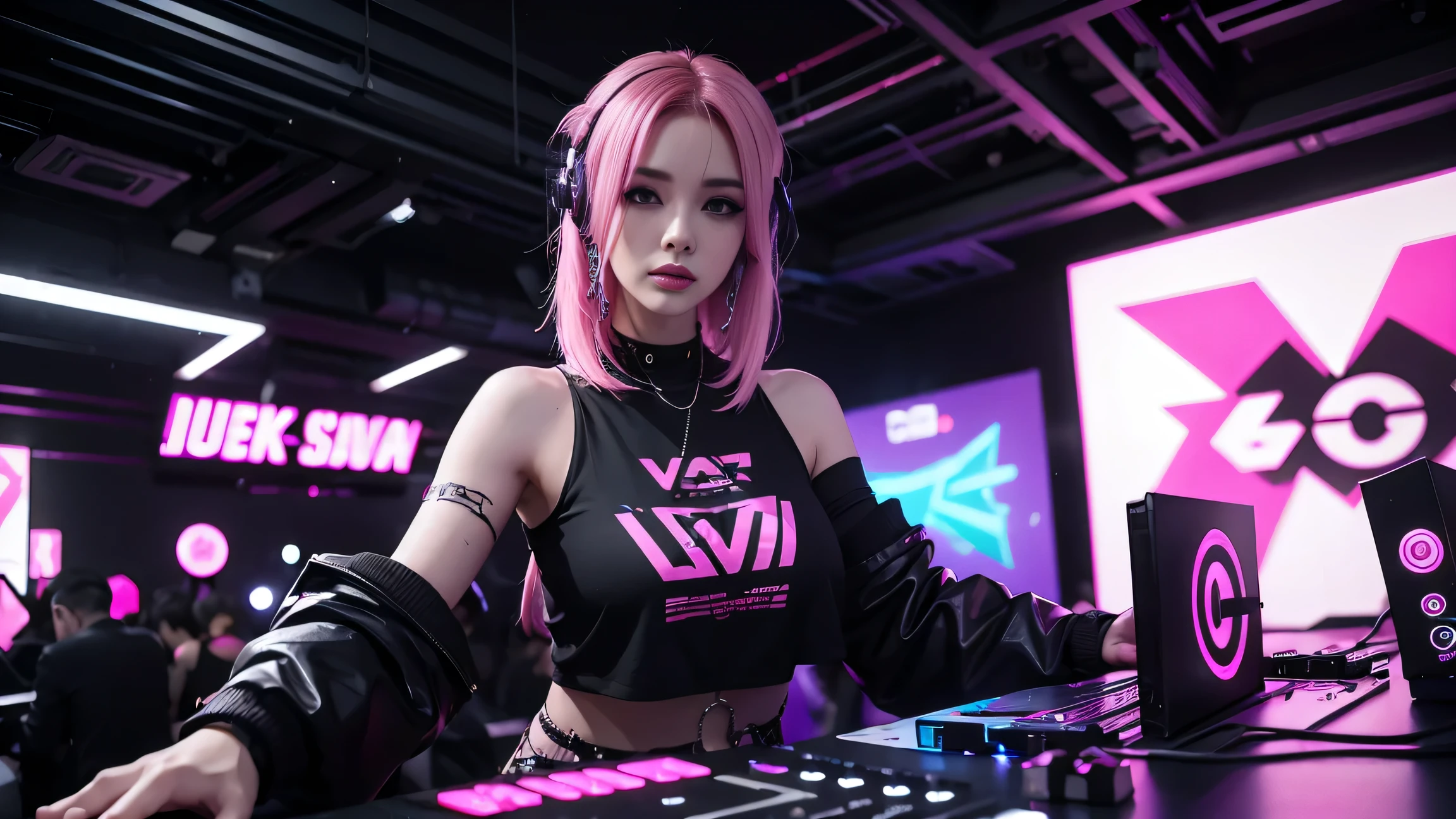 arafed woman in a black top and pink hair standing next to a DJ's mixer, rave girl, raver girl, 1 girl, DJ rave, unreal engine, rave makeup, in cyberpunk style, has cyberpunk style, rave inspired, cyber punk setting, cyberpunk vibes, cyberpunk vibe, beautiful cyberpunk woman model, cyberpunk style color, woman holds her headphones down with one hand.