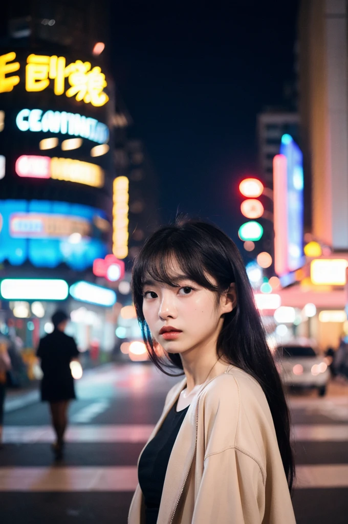 (Cinematic aesthetics:1.4) Bokeh city night photo of beautiful Korean fashion model