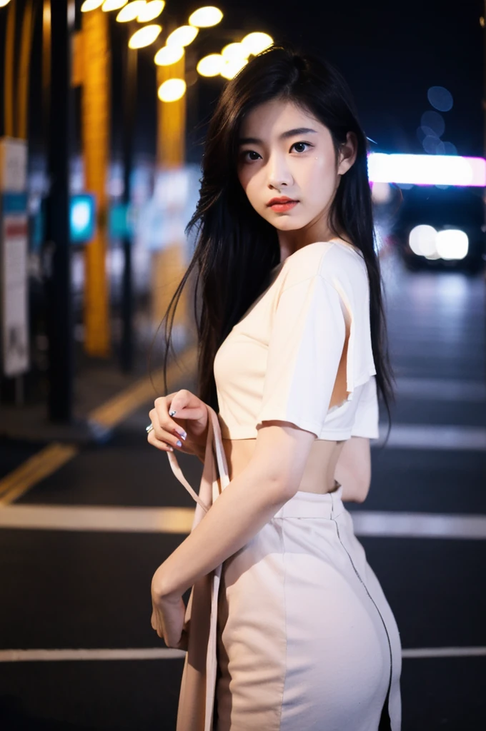 (Cinematic aesthetics:1.4) Bokeh city night photo of beautiful Korean fashion model