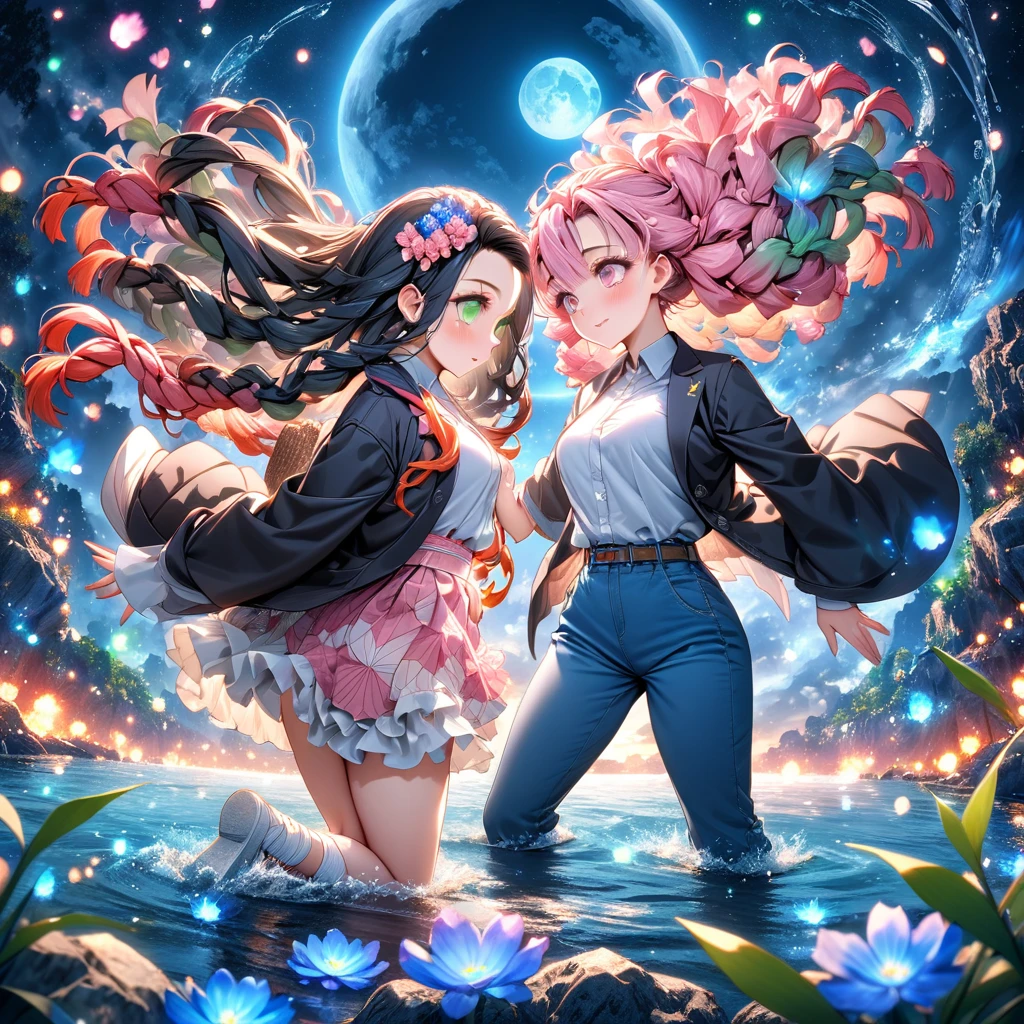 absurdres, highres, ultra detailed, HDR, masterpiece, Kamado Nezuko, black hair, expressive pink eyes, Kimetsu No Yaiba, Kanroji Mitsuri, pink hair, expressive green eyes, two women together, beautiful, black jacket, white shirt, blue pants, magical, fantasy, water, blue moon, starry, blue fireflies, blue flowers