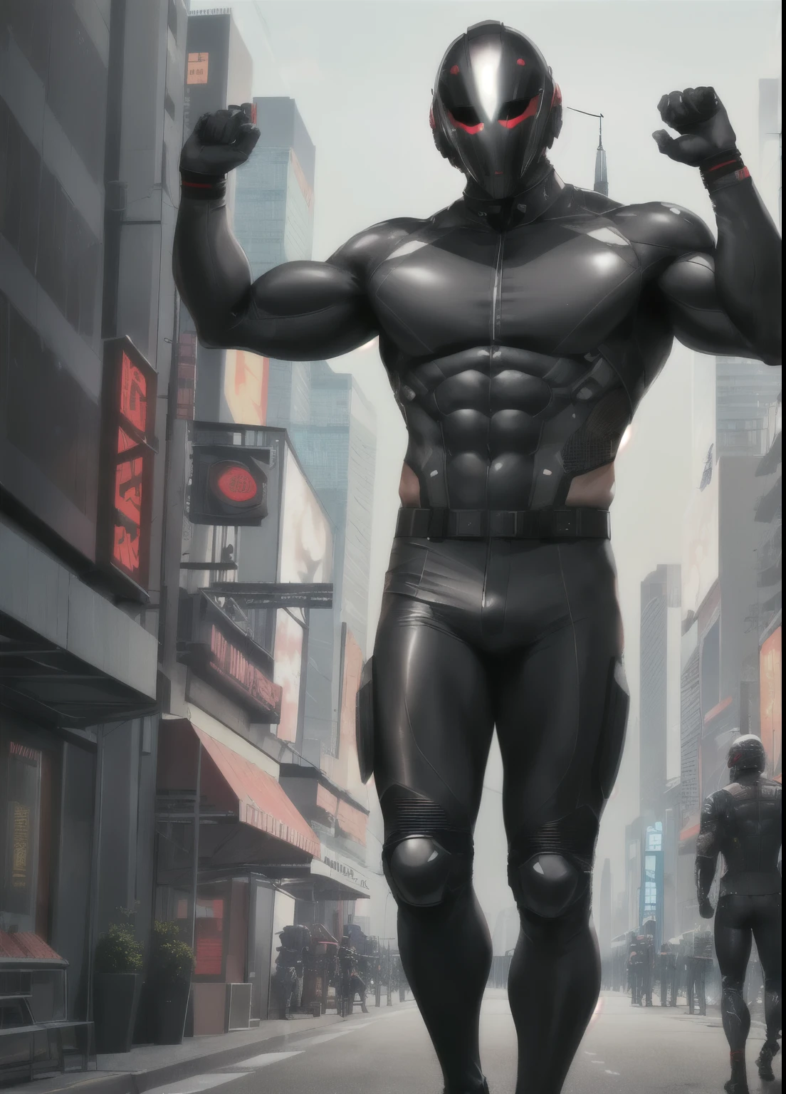 (best quality, high detail, 8K, full body), male, arafed male, muscular male, muscle, biceps, faceless, faceless male, (cyberpunk mask, cyberpunk helmet, futuristic helmet, hi-tech helmet, helmet covering all of face), outfit, (racer jacket, tight suit, gray longpants), armpits crease on suit, dynamic pose, raising arm, giant towering city