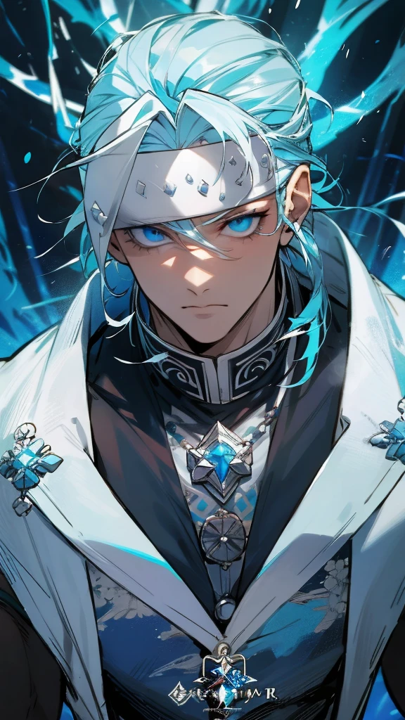 naughty man;
brawny;
ice prince;
Wear a white blindfold over your left eye;
There's a white stick in your hand;
White hair with blue;
blue eye;
Wear sleeveless clothing;
Cabelos longos
A venda tampa o olho esquerdo.