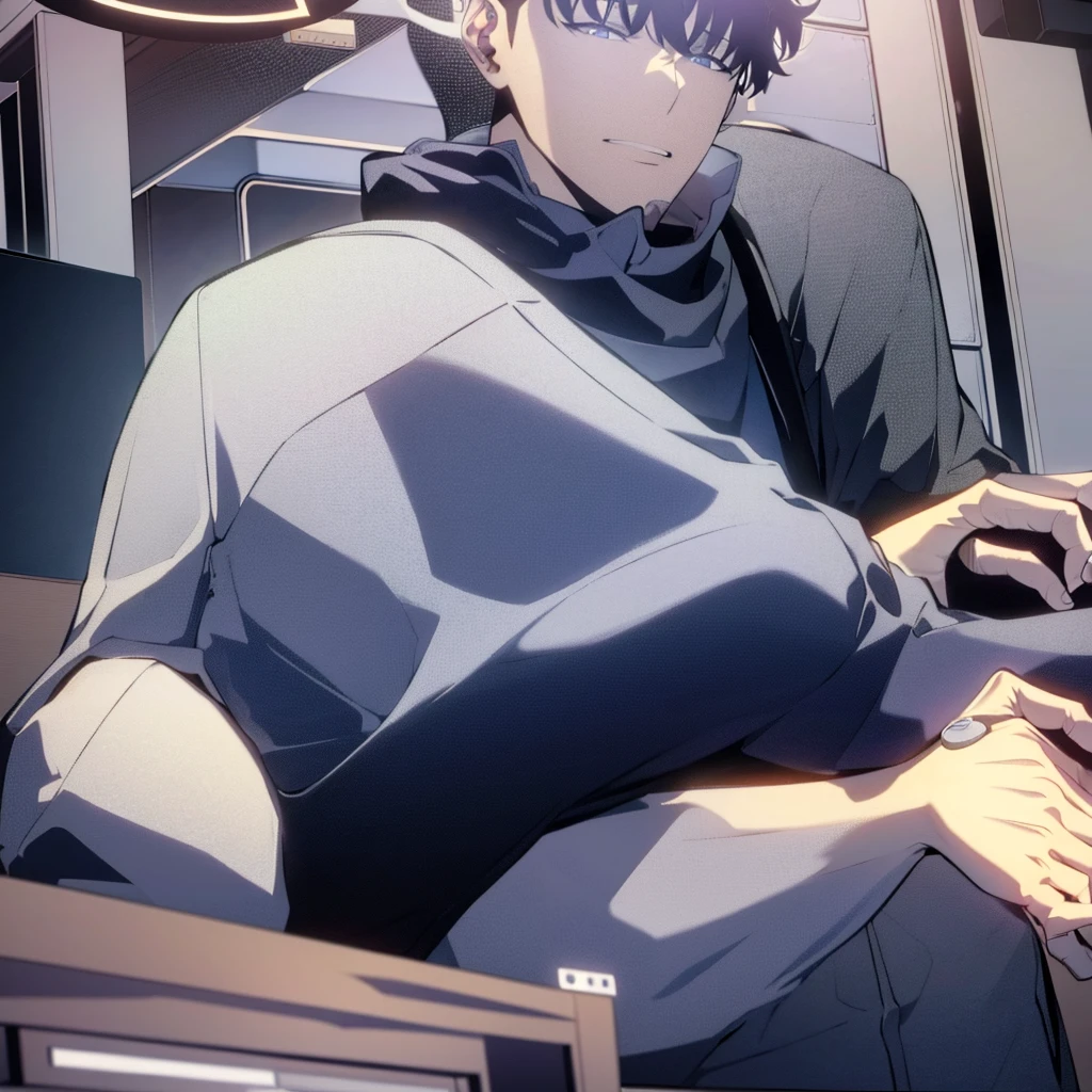 anime styling, Boy sitting on a gaming chair, with money in hands and on the table, behind him a computer, freezing weather, vivid colors, cinematic shading, CG anime