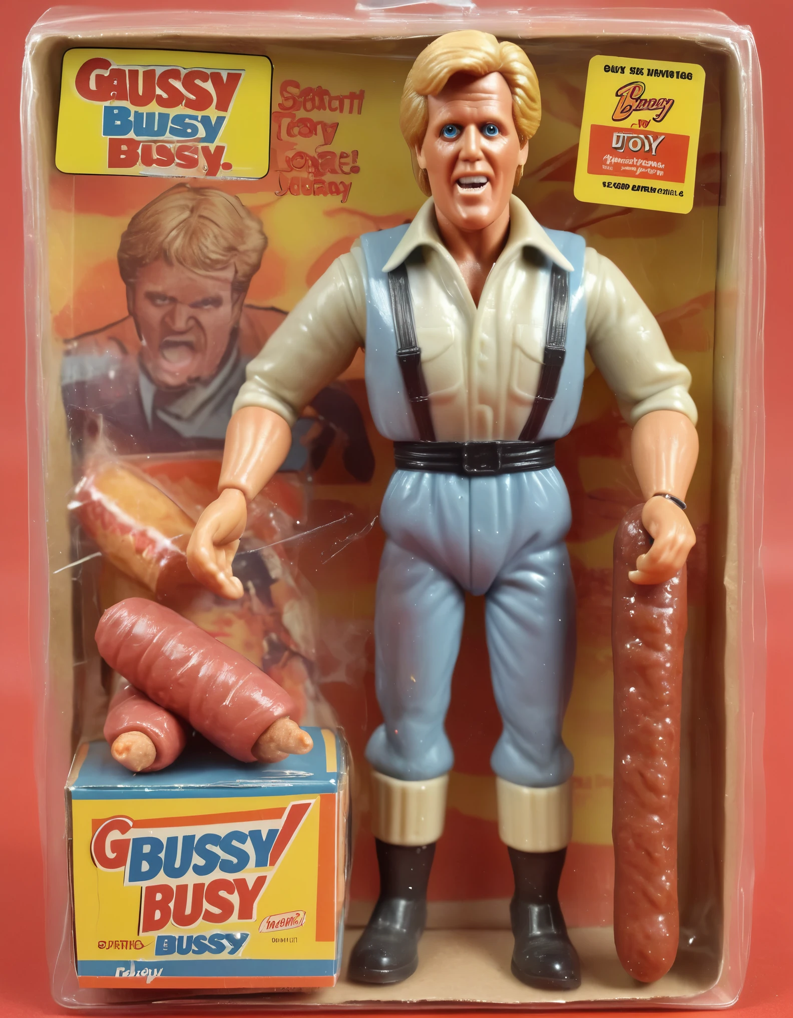 1987 Action Figure Playset Packaging, (Gary Busey), bussy action figure toy advertisement, with buttered sausage accessory,