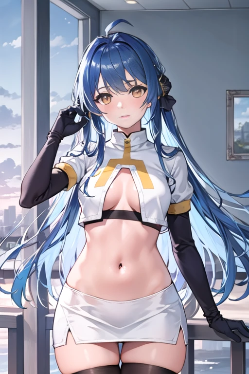 photorealistic, (4k), depth of field, (Masterpiece), (realistic skin texture), extremely detailed, intricate, hyper detailed, professional photography, high resolution, sharp detail, best quality, woman, tanned skin, long hair, blue hair, yellow eyes, solo, team rocket,team rocket uniform, red letter R, white skirt,white crop top,black thigh-highs,black elbow gloves