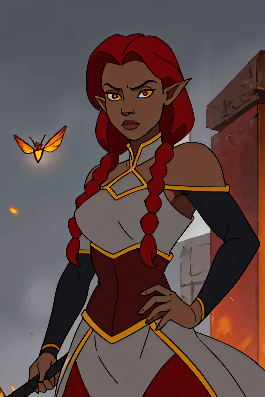 portrait of 1 red haired woman, dark skin), yellow eyes, short hairstyle, (long twin_low_braids), battle stance, fantasy military gear, r night and ash background, fantasy, detailed, ( methurlant), (masterpiece, best quality:1.3), moth on eye, comic, intricate hairstyle, elegant hair, ((red and gray clothes)), detached sleeves, exposed shoulders,  pointed ears, muscular, holding a long flaming sword