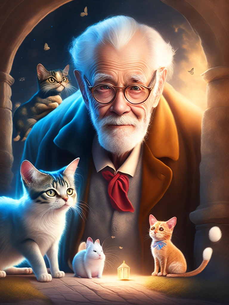 Art of an old man with a cat, dog and a mouse in a magical world 