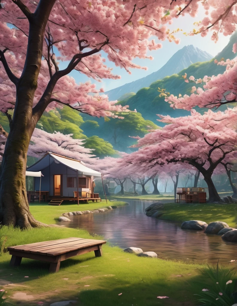 quality(8k wallpaper of extremely detailed CG unit, masterpiece, hight resolution, top-quality, top-quality real texture skin,hyper realisitic, digitial painting,increase the resolution,RAW photos,best qualtiy,highly detailed,the wallpaper),BREAK,8K, landscape of extremely detailed, trees, sakura, flowers, camping