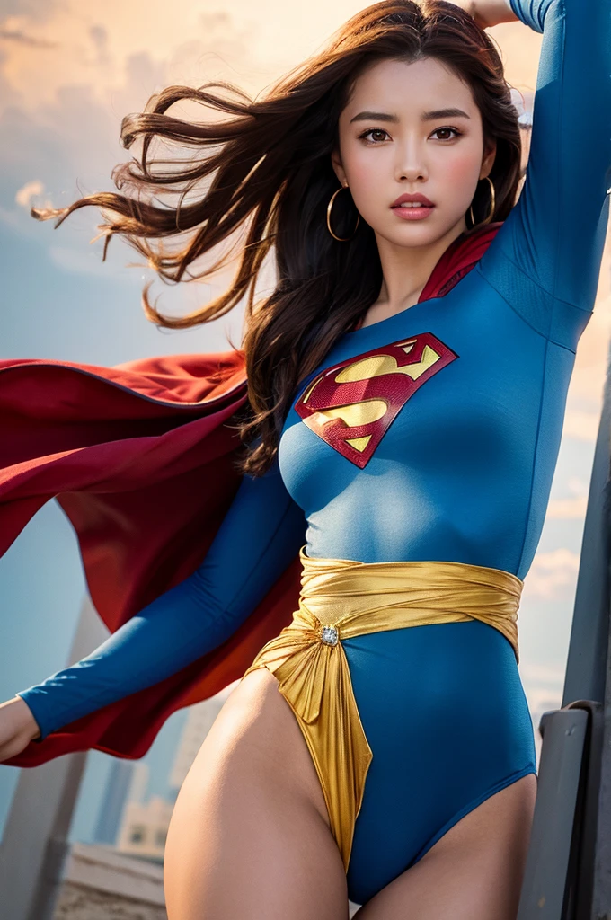 Realistic, High resolution, Soft Light,1 Female, alone, Hip Up, (Detailed face), jewelry, Superman's Clothes, Bodysuits, Cape
