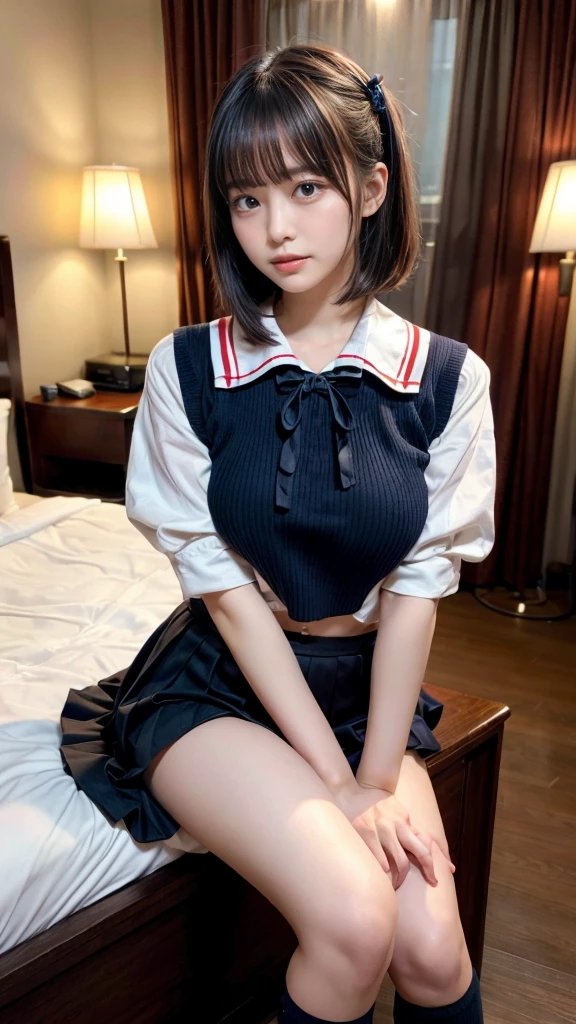 masterpiece, best quality, illustration, Super detailed, fine details, High resolution, 8K,wall paper, perfect dynamic composition,(Details High quality, realistic depiction of eyes:1.3), Black Sailor Uniform, serafuku, Navy pleated skirt, huge breasts, short bob hair, black hair color, Big Natural Color Lip, bold sexy pose, crying a little、 Harajuku style、20 year old girl、cute type、lolita、beautiful legs, hotel room, full body photo、focus on crotch, hposing Gravure Idol