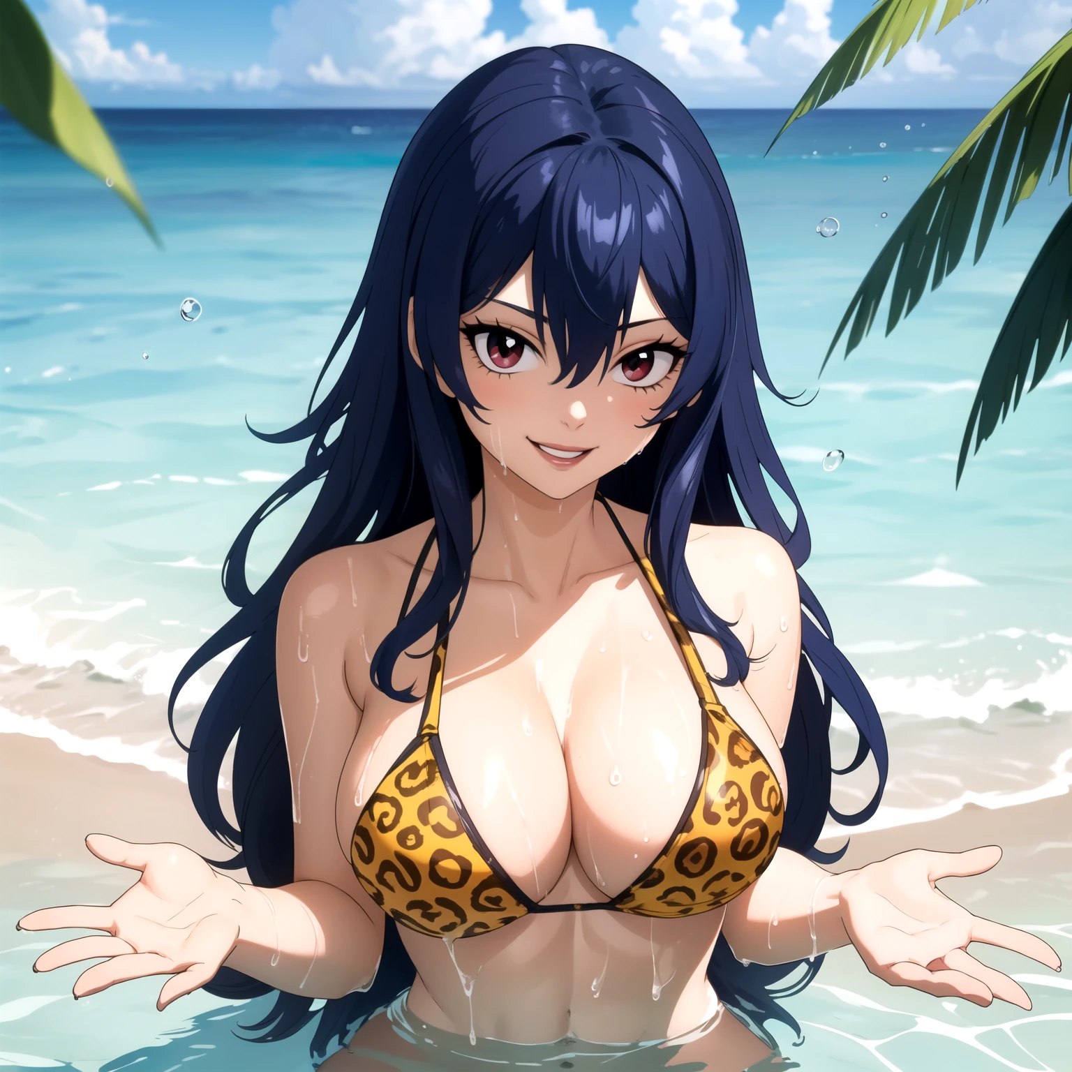 25 year old woman blue hair, blue fur, red eyes like rubies, big breasts, yellow leopard bikini, background a beach . WET BODY, drops of water on his chest. big breasts, happy smile. hands behind the head. whole body. rubor WET BODY, wet hair , perfect hands. perfect hands. five fingers on each hand.
