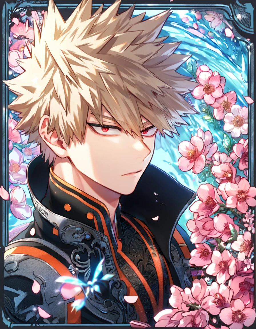 Ultra detailed, highres, absurdres, HDR, master piece, Bakugo Katsuki, ash-blond hair, expressivee red eyes, black clothes with patterns, Boku No Hero Academia, fantasy, pink petals, water, pink flowers, handsome, sexy man, solo, magical, best quality, blossoms, blue shining fireflies