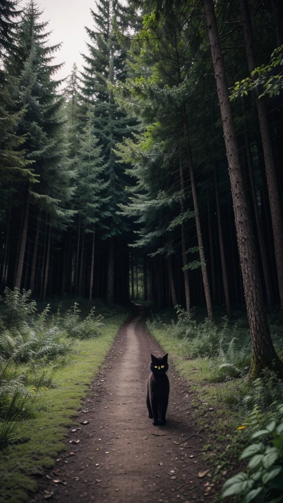Black cat exploring a forest at night