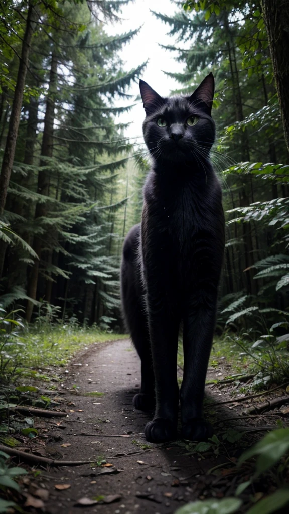 Black cat exploring a forest at night