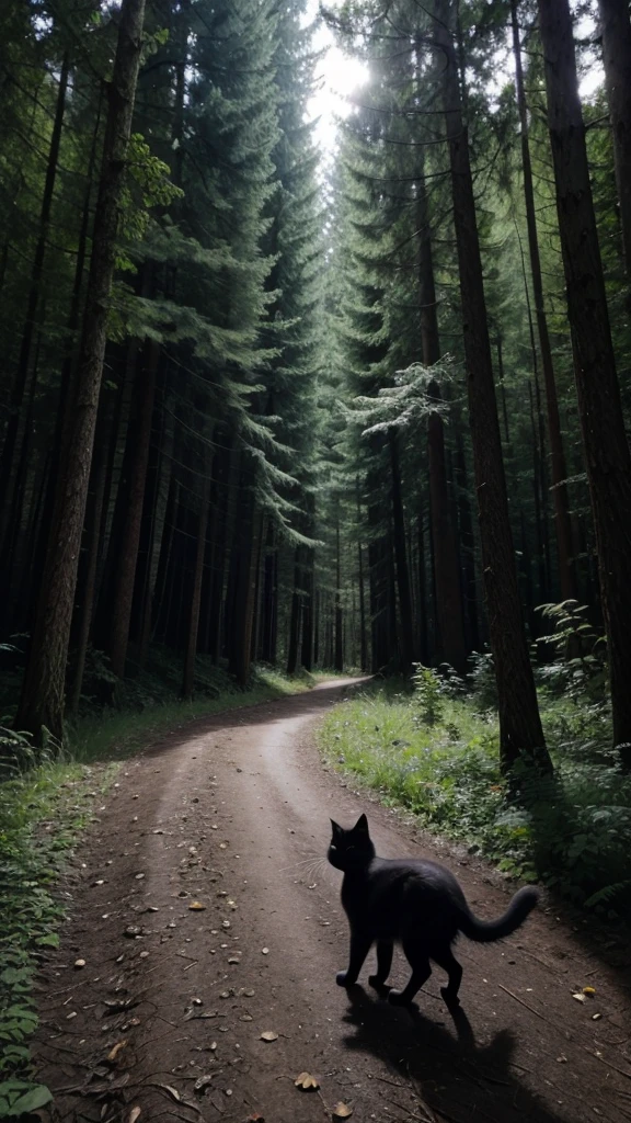 Black cat exploring a forest at night 