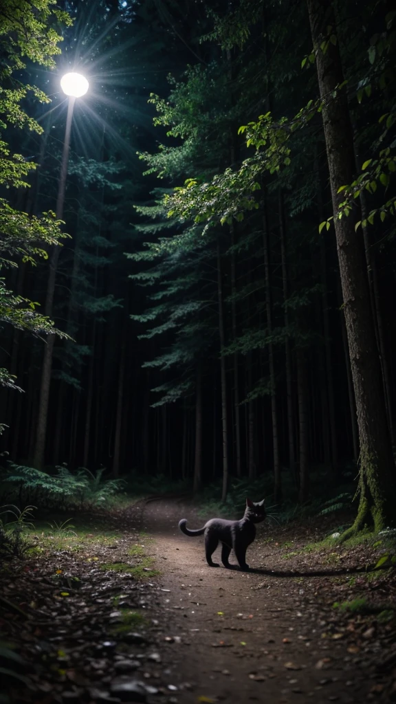 Black cat exploring a forest at night