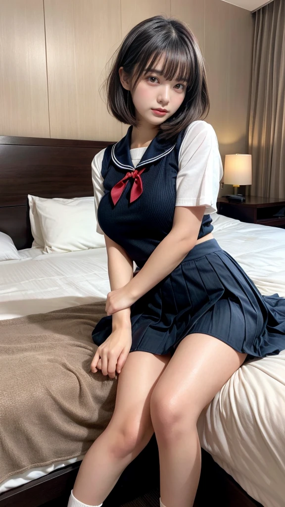 masterpiece, best quality, illustration, Super detailed, fine details, High resolution, 8K,wall paper, perfect dynamic composition,(Details High quality, realistic depiction of eyes:1.3), short hair, Black Sailor Uniform, serafuku, Navy pleated skirt, huge breasts, black hair color, Big Natural Color Lip, bold sexy pose, crying a little、 Harajuku style、20 year old girl、cute type、ta、beautiful legs, hotel room, full body photo、focus on crotch, hposing Gravure Idol
