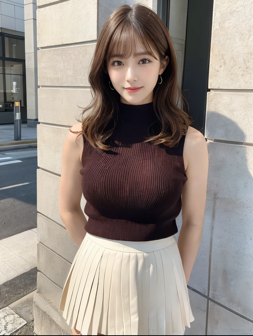 (Detailed skin:1.2),(Shiny skin:1.1),8K,Highest quality, masterpiece, Ultra-high resolution,(Realistic:1.4), RAW Photos,(Soft saturation:1.3),(Fair skin:1.2),Japanese Idols,repair,20 years, Brown Hair, Medium Hair, Asymmetrical Hair, Wavy Hair, Asymmetrical bangs
 (Pretty face:1.4), (Big Breasts, Tight waist), Beautiful lighting, Small Head,
(Mini Pleated Skirt:1.2,), Sleeveless knitwear,Highly detailed face, Highly detailed lips, fine grain, double eyelid,, Full Body Shot, Browsing Caution, Sharp focus: 1.2, Beautiful woman with perfect figure: 1.2、Random Pause，Accentuate the lines of your legs、smile、