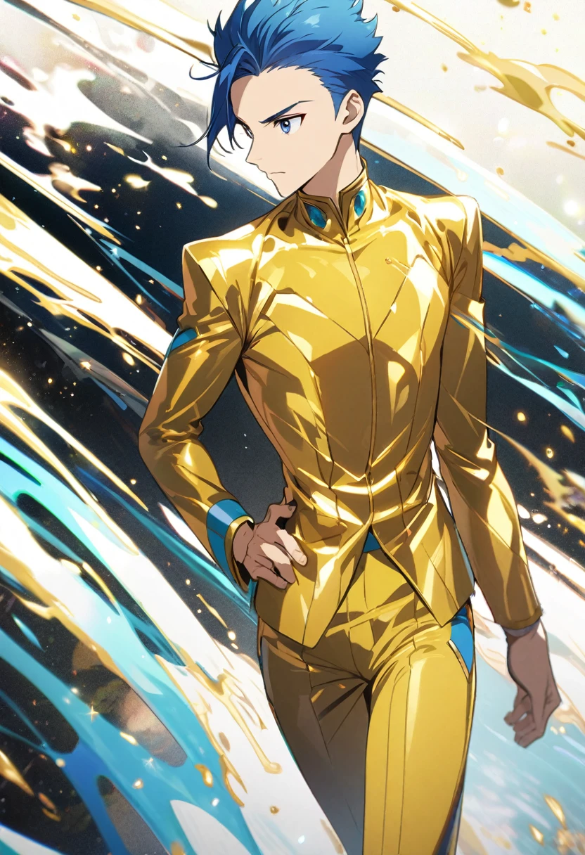Anime Boy Blue Hair with golden suit