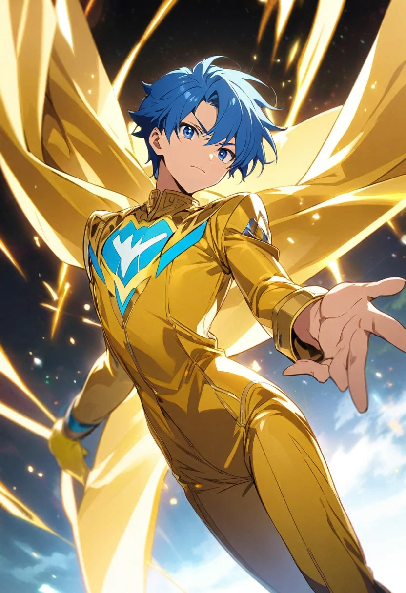 Anime Boy Blue Hair with golden suit