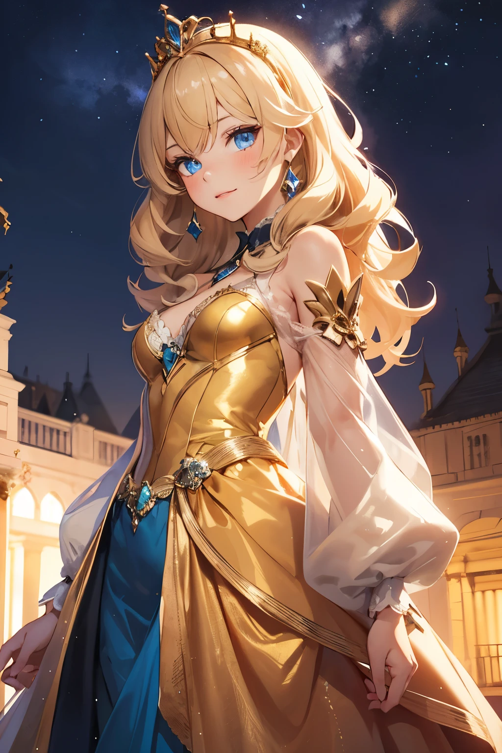 Girl with golden curls and blue eyes wearing a golden starlight princess dress at a palace at night