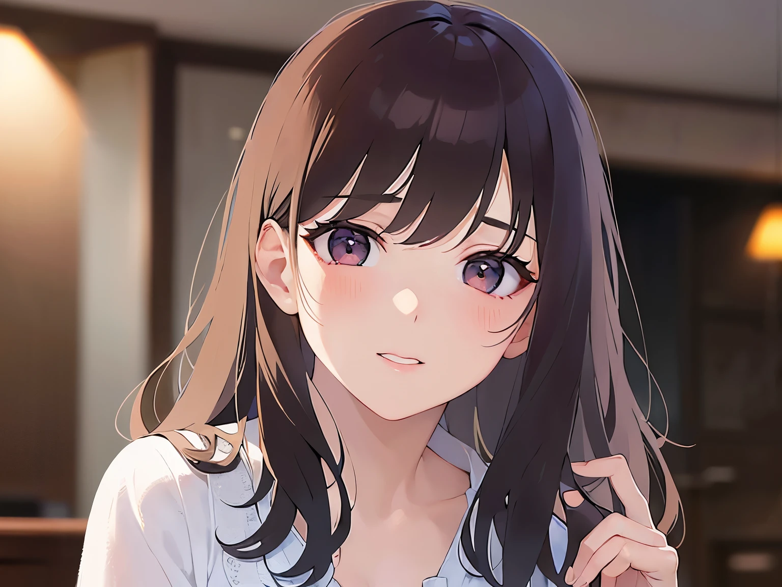 (Hand up:1.5), Biologically correct five fingers、cinematic angle, looking up, Realistic, real person, (pale skin: 1.2), upper body, RAW photo, photorealistic, shiny skin, shiny hair、(A 35-year-old woman with medium-length hair and bangs) and (wavy hair) and (brown hair) and (Orange Eyes) , (white:1.5) and (blouse) 、Cleavage、(blush:1.5), The background is the living room at night、illumination、Alone、Are standing