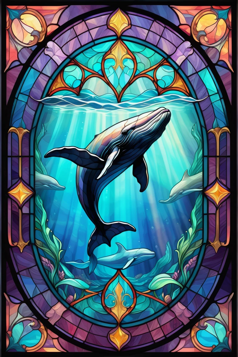 2D Stained Glass window,swiming whale in window frame. dungeons and dragons art. symmetrical design, in the style of stained glass. Digital stained glass style. pastel color scheme