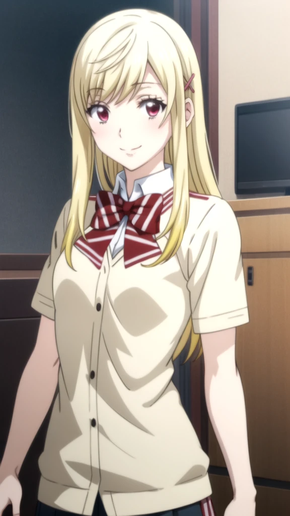 Anime girl in uniform with bow tie and white shirt., I will also make fanart., Realistic , a Hyper realistic , blonde anime girl with long hair, beautiful anime high school girl, Marisa Kirisame, soft anime cg art, Hyper realistic , seductive anime girl, visual anime of a cute girl, Best Anime Girl, beautiful seductive anime teen, yamada_yellow, 1chica , by rubio, alone, wide, hair ornament, , smile, bow, red eyes my dress darling anime, beautiful seductress anime 