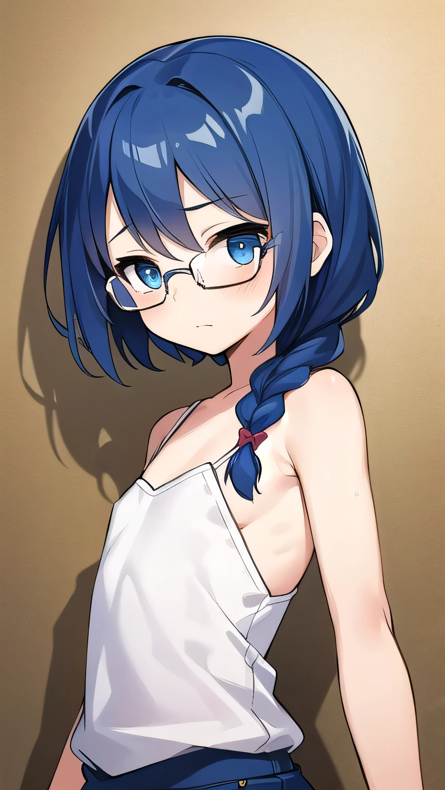 small breasted girl, short, , blue hair, single braid, blue eyes, round eyes, shy, shy, , short, young face, short height, , glasses with no edges, flat chest, night, in the pool， , (Naked: 1.5)，nipples are visible，pussy are visible，