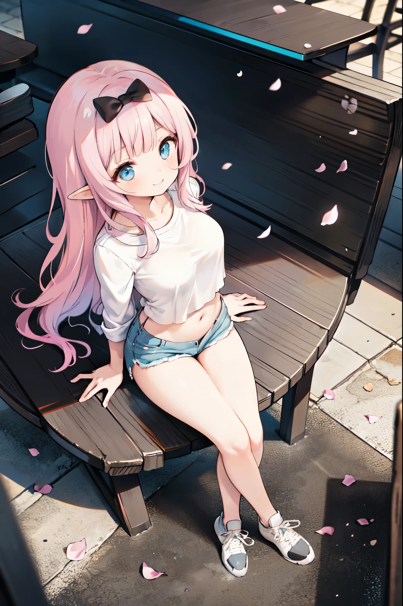 realistic image, detailed image, coherent image, 1 beautiful elf, she has very long hair, she has a black bow in her square bangs, pink hair, light blue eyes, smiling, winking, she is wearing a loose blouse, showing navel, mini jean shorts, sneakers, She has a curvy body, big breasts and thick thighs, She is sitting, sitting sensually, showing her legs, arching her back, surrounded by falling flower petals around, inside a restaurant, full body view, view from above, sunset, twilight, Soft focus, Dramatic shadows, Volumetric lighting, natural lighting,chika fujiwara