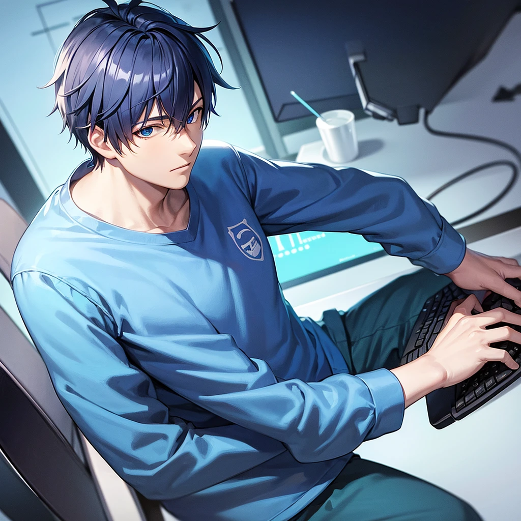 anime styling, Boy sitting on a gaming chair, with blue clothes, with money in hands and on the table, behind him a computer, freezing weather, vivid colors, cinematic shading, CG anime