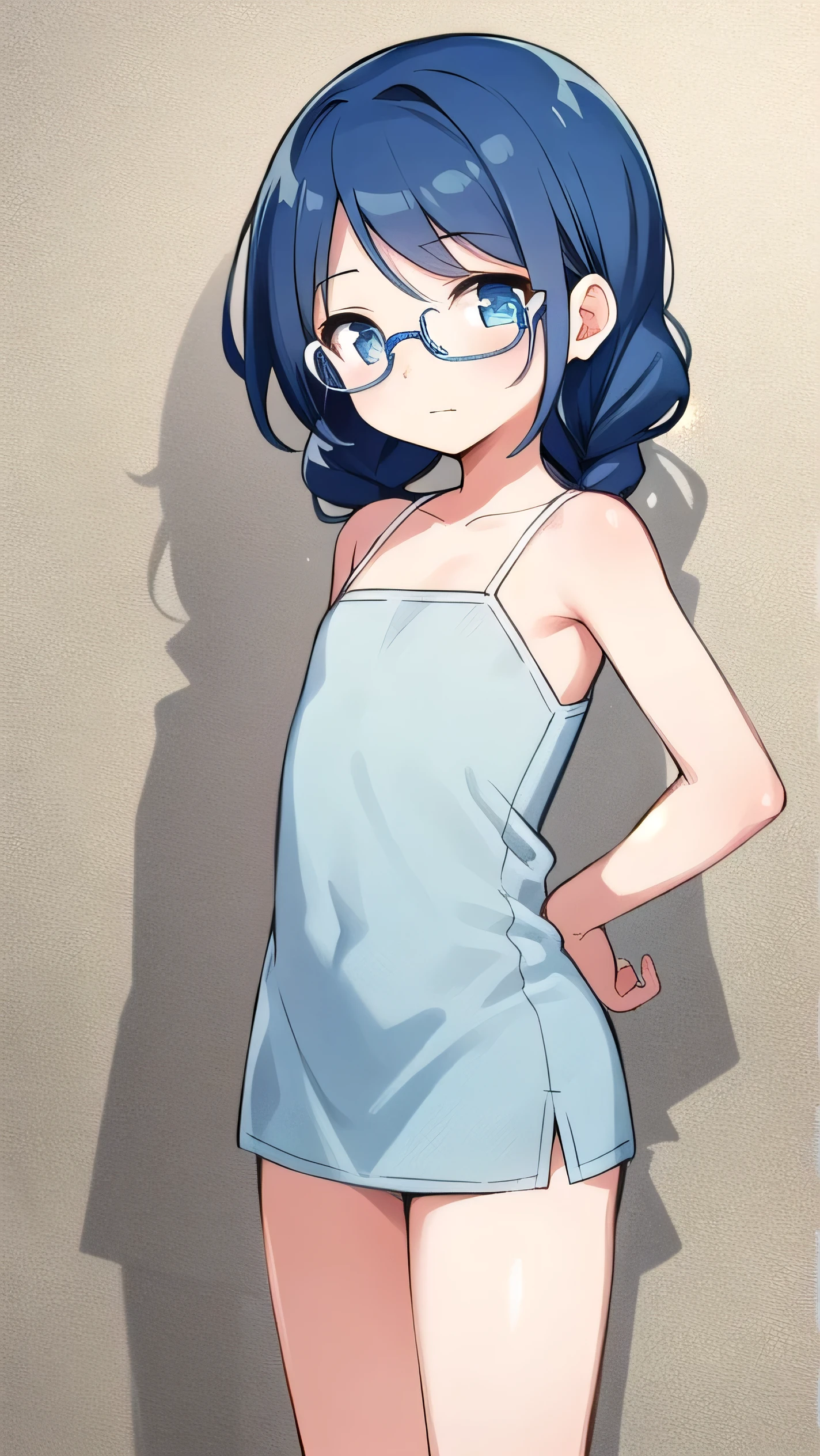 small breasted girl, short, 12 years old, blue hair, single braid, blue eyes, round eyes, shy, shy, , short, young face, short height, , glasses with no edges,flat chest,