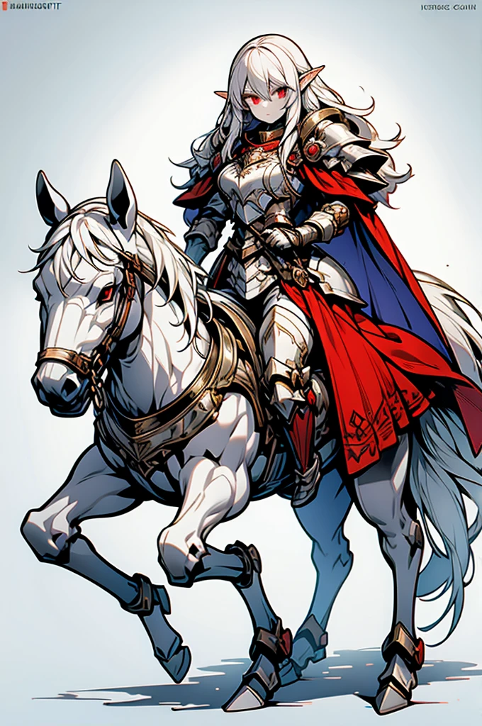 female half elf knight, full body art, silver hair, white skin, red iris eye, knight full plate adorned armor, silver cape, perfectly detailed, mounted on a horse.