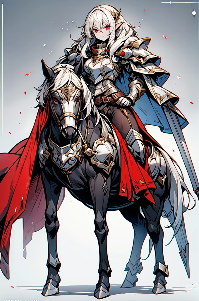 female half elf knight, full body art, silver hair, white skin, red iris eye, knight full plate adorned armor, silver cape, perfectly detailed, mounted on a horse.