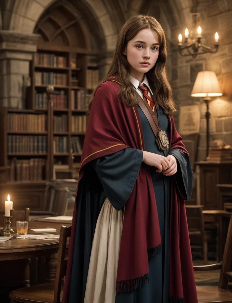 cinematic photo, harry potter scenery, gryffindor lounge at hogwarts, a realistic photo of a 20 years old actor hermine, Standing tall pose, unkempted hair, sexy gryffindor cape,  (cinematic composition, metahuman creator, epic background), best quality, realistic,  . 35mm photograph, film, bokeh, professional, 4k, highly detailed