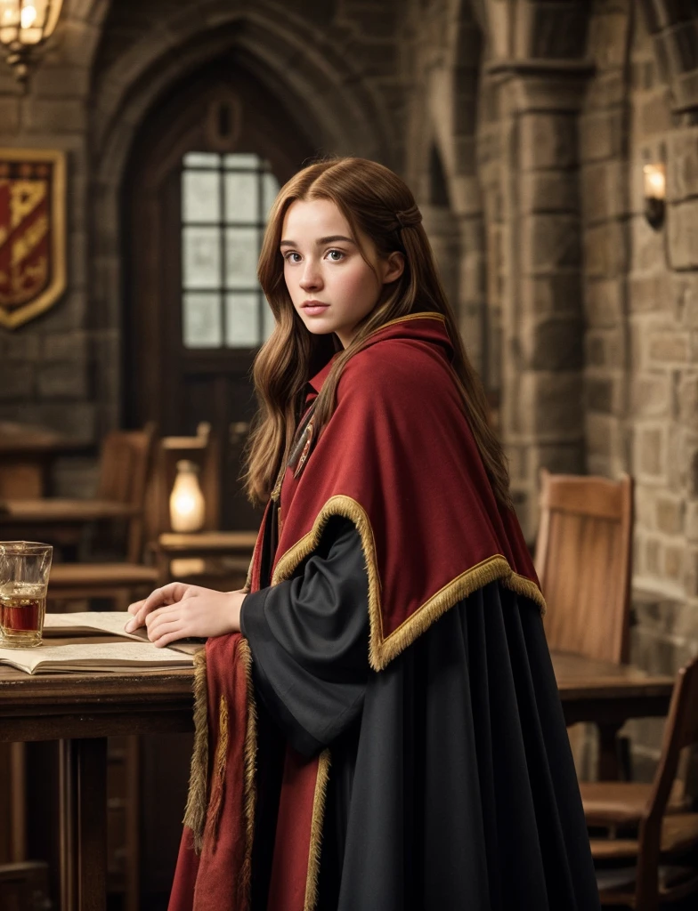 cinematic photo, harry potter scenery, gryffindor lounge at hogwarts, a realistic photo of a 20 years old actor hermine, Standing tall pose, unkempted hair, sexy gryffindor cape,  (cinematic composition, metahuman creator, epic background), best quality, realistic,  . 35mm photograph, film, bokeh, professional, 4k, highly detailed