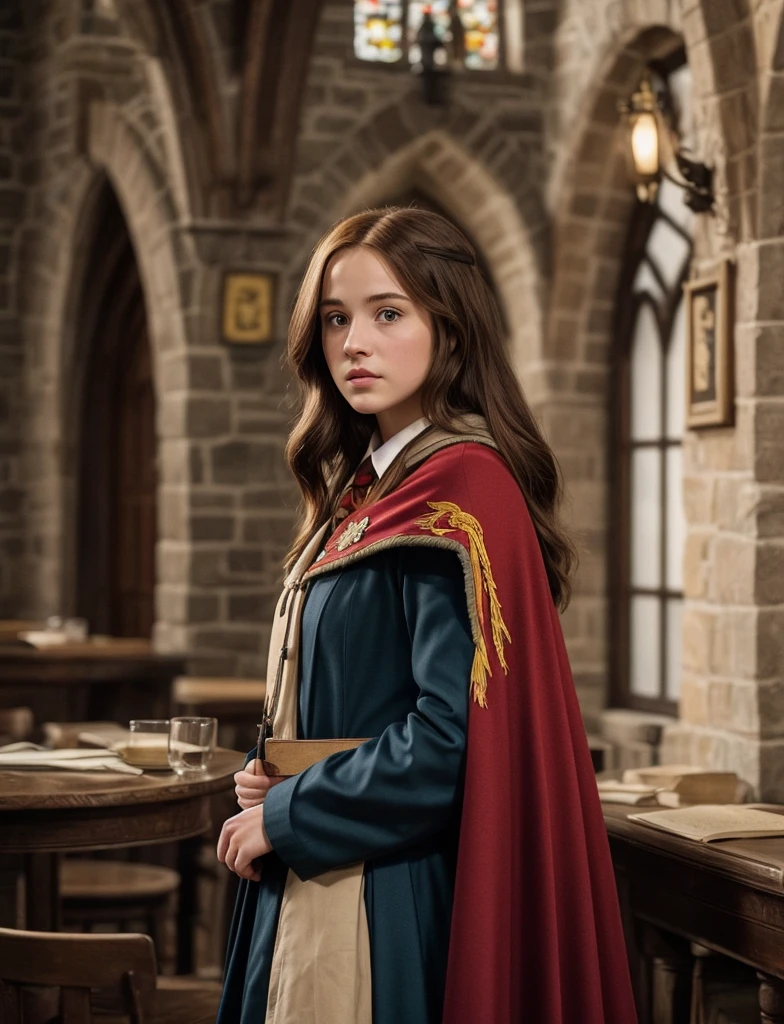 cinematic photo, harry potter scenery, gryffindor lounge at hogwarts, a realistic photo of a 20 years old actor hermine, Standing tall pose, unkempted hair, sexy gryffindor cape,  (cinematic composition, metahuman creator, epic background), best quality, realistic,  . 35mm photograph, film, bokeh, professional, 4k, highly detailed