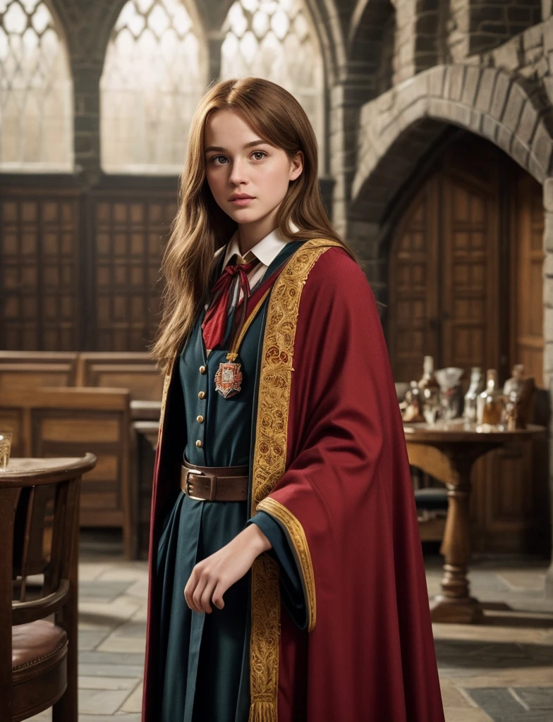 cinematic photo, harry potter scenery, gryffindor lounge at hogwarts, a realistic photo of a 20 years old actor hermine, Standing tall pose, unkempted hair, sexy gryffindor cape,  (cinematic composition, metahuman creator, epic background), best quality, realistic,  . 35mm photograph, film, bokeh, professional, 4k, highly detailed