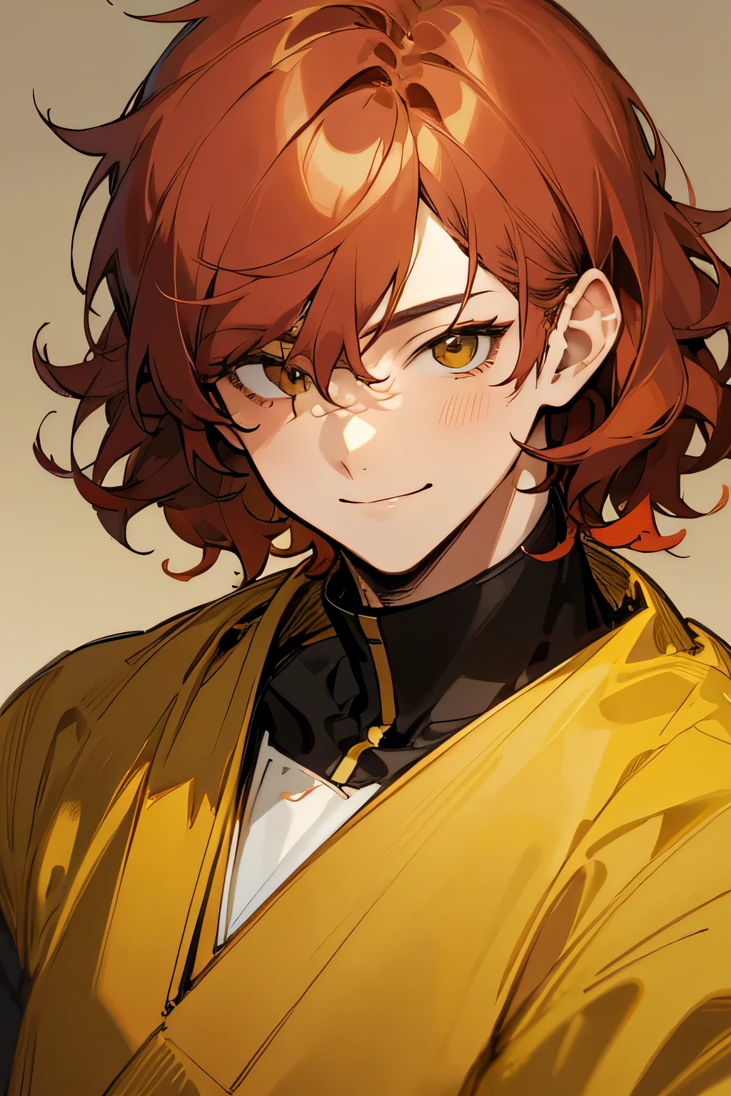 man Messy red wavy short hair, man, stunning anime face portrait, looking to nothing, smile thinly, manly, bright warm GOLDEN YELLOW high detailed thin eyes, grayard grey background, high detailed shadow