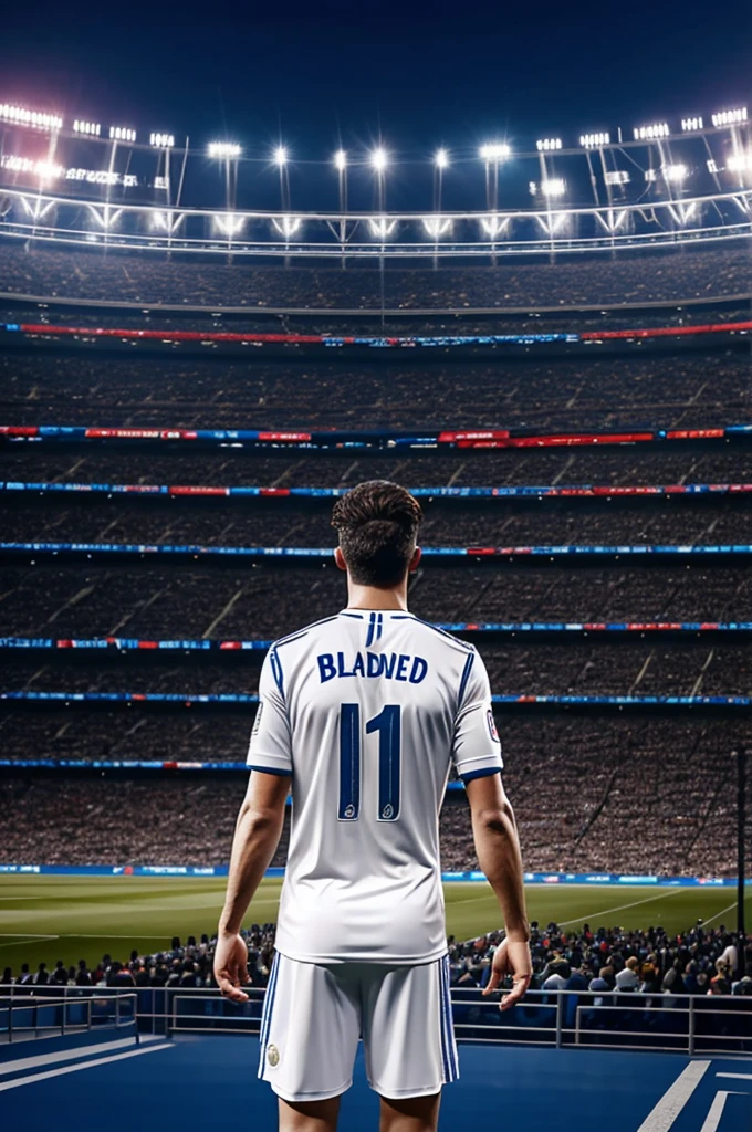 8k, animated photo, a character , with the real Madrid shirt,with the number 7, and above the number ,the word Blady,in a stadium,at night