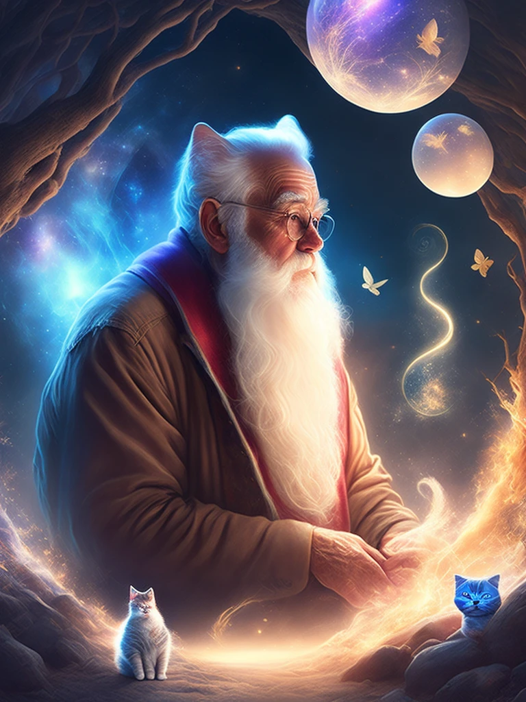Art of an old man with magical world cat