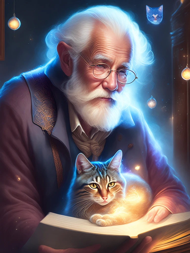 Art of an old man with magical world cat