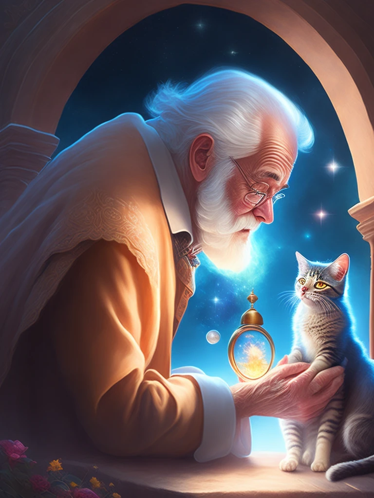 Art of an old man with magical world cat 