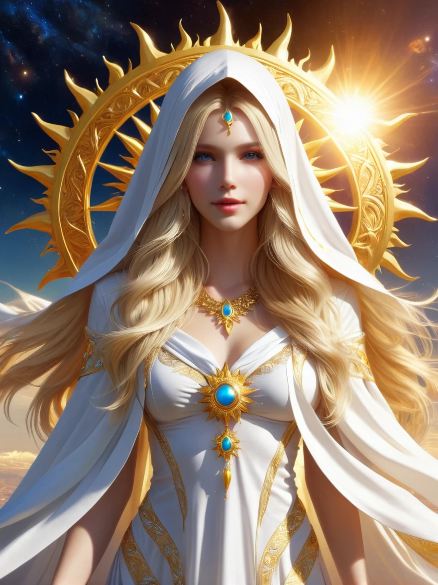 1xknh1, (full-body shot:1.4), A super beautiful sun goddess,Long blond hair,Wearing a white and gold hood,Wearing a veil decorated with gold