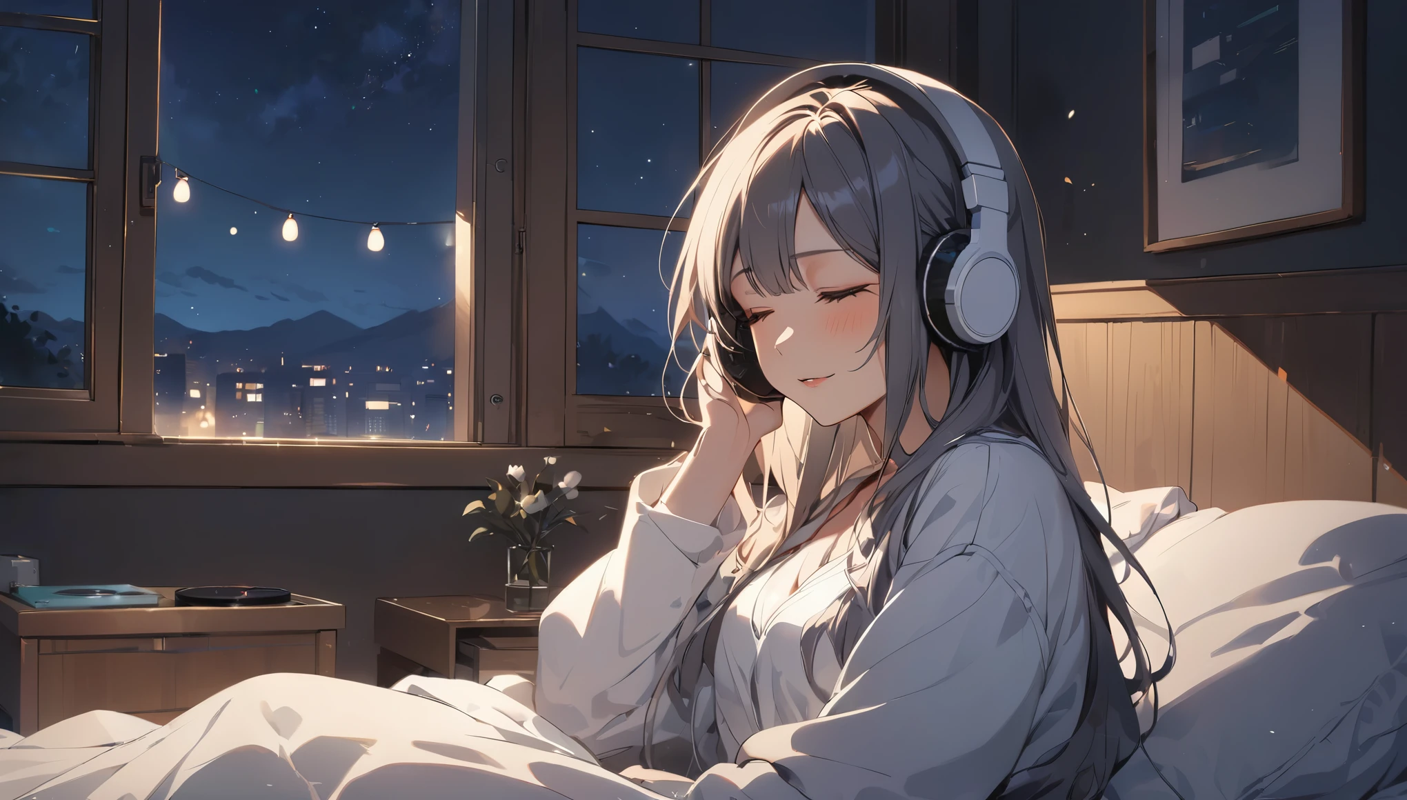 (Highest quality), 1 girl, Sitting in bed, listen to music, close your eyes, In front of the window, night, relax