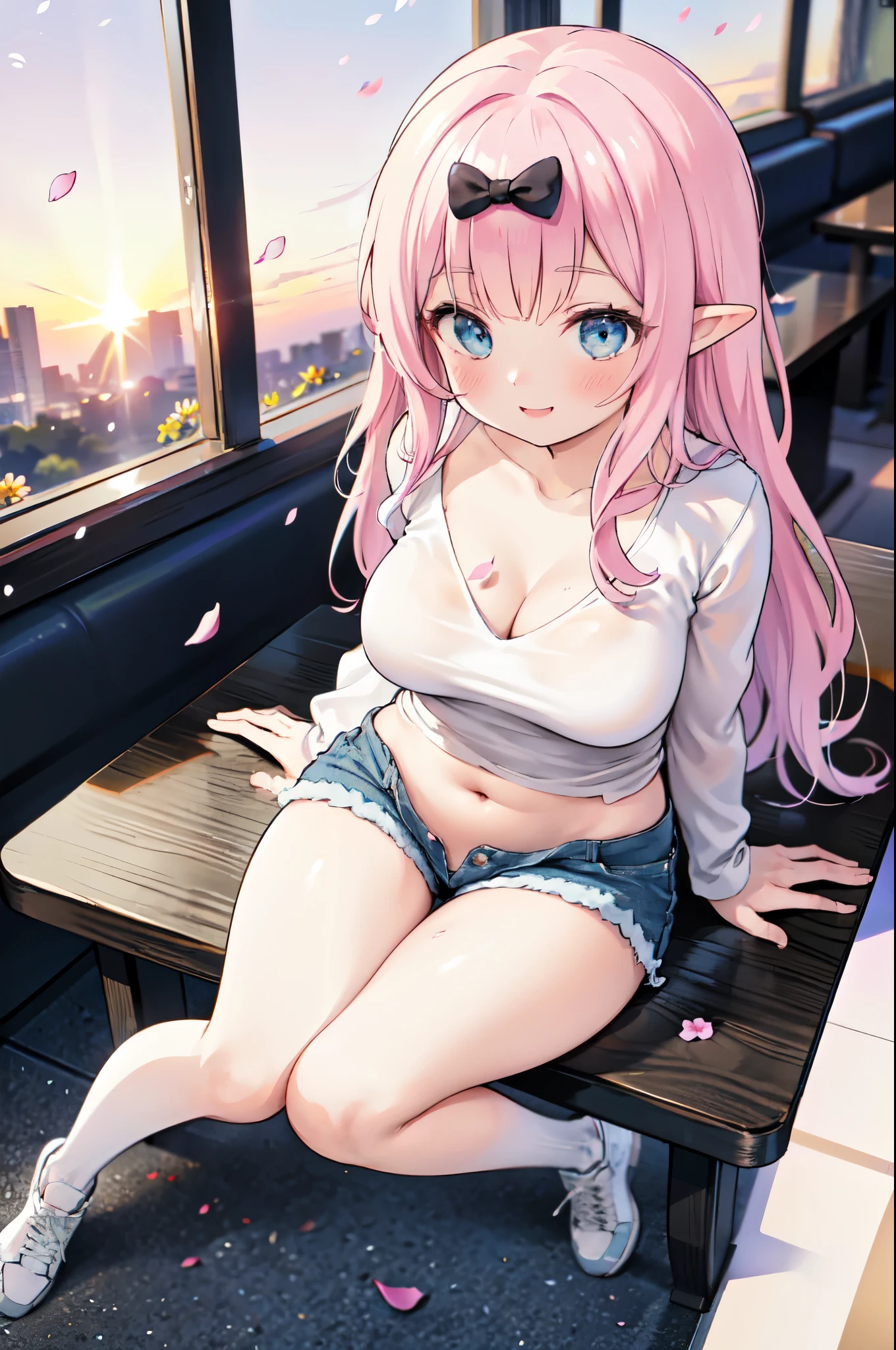 realistic image, detailed image, coherent image, 1 beautiful elf, she has very long hair, she has a black bow in her square bangs, pink hair, light blue eyes, smiling, winking, she is wearing a loose blouse, showing navel, mini jean shorts, sneakers, She has a curvy body, big breasts and thick thighs, She is sitting, sitting sensually, showing her legs, arching her back, surrounded by falling flower petals around, inside a restaurant, full body view, view from above, sunset, twilight, Soft focus, Dramatic shadows, Volumetric lighting, natural lighting,chika fujiwara