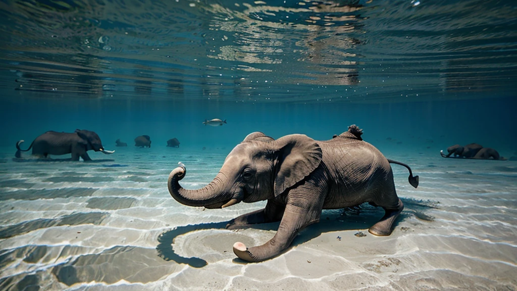 Create a half underwater image of an elephant walking on the shallow sea floor on the bahamas. The elephants trunk is upwards.