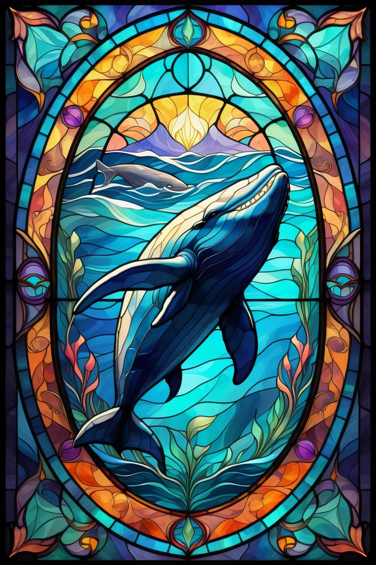 2D Stained Glass window,swiming whale in window frame. dungeons and dragons art. symmetrical design, in the style of stained glass. Digital stained glass style. pastel color scheme