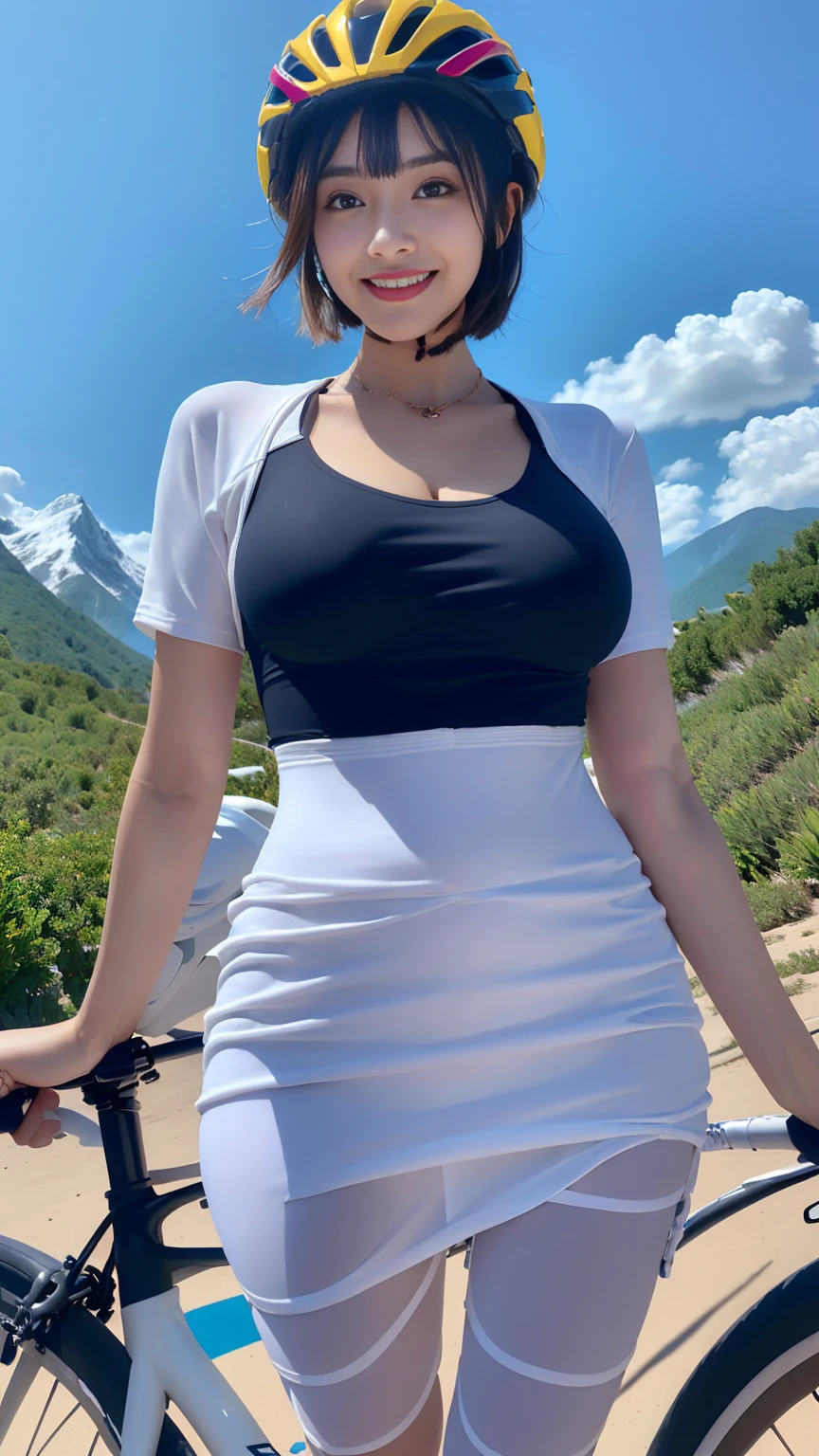 (8K、ultra high resolution、highest quallity、work of art、realisitic、ultra high resolution:1.2)、High definition RAW color photo、professional photos、 (all-body:0.8)、(realisitic、photo realisitic、motion-blur:1.2)、((Must have big breasts、very big breasts、always hide all breasts、toned body:1.2))、((Always colorful and very bright mountain bike racing uniform、A beautiful cyclist who always rides her bike dynamically:1.3))(shiny colors、vivid lighting、panoramic center:1.2)(draw diagonally from below、natural skin texture、thin skin、hyper realism、details Intricate、Depth of limits written adult woman、(work of art、highest quallity、high détail))、smile happily、eyes large、clear double eyelids、face perfect、Small face、helmet(Look at the Beholder、Eye highlights、lip gloss has short black bob)