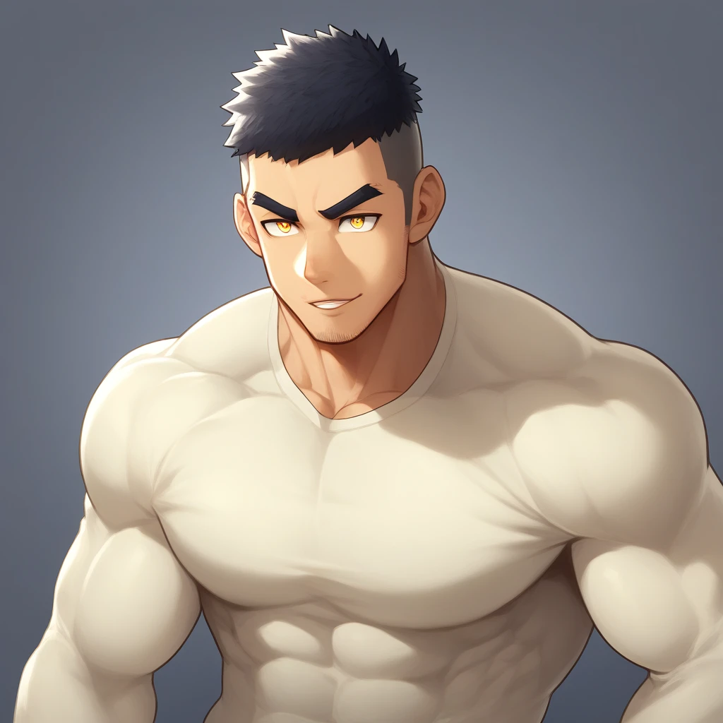 anime characters:Gyee, Muscle Sports Student, 1 muscular tough guy, Manliness, male focus, Light Yellow long sleeve tights, Very tight, The pectoral muscles are oversized, Slightly transparent, muscular male, muscular, only, Upper body, alone, Black short hair, Thick eyebrows, stubble, Yellow eyes, Grey background, simple background, amazing quality, best aesthetics, Ridiculous, bright pupils, crew cut, parted lips, seductive smile, torogao, naughty face, drop shadow, best quality